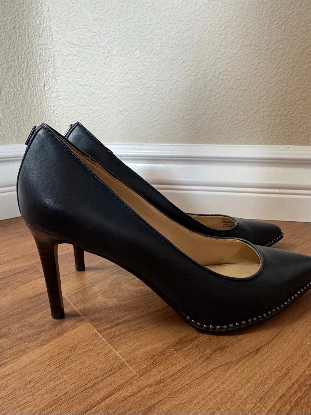 Coach Navy Pointed-Toe Leather Pumps with Stud Trim